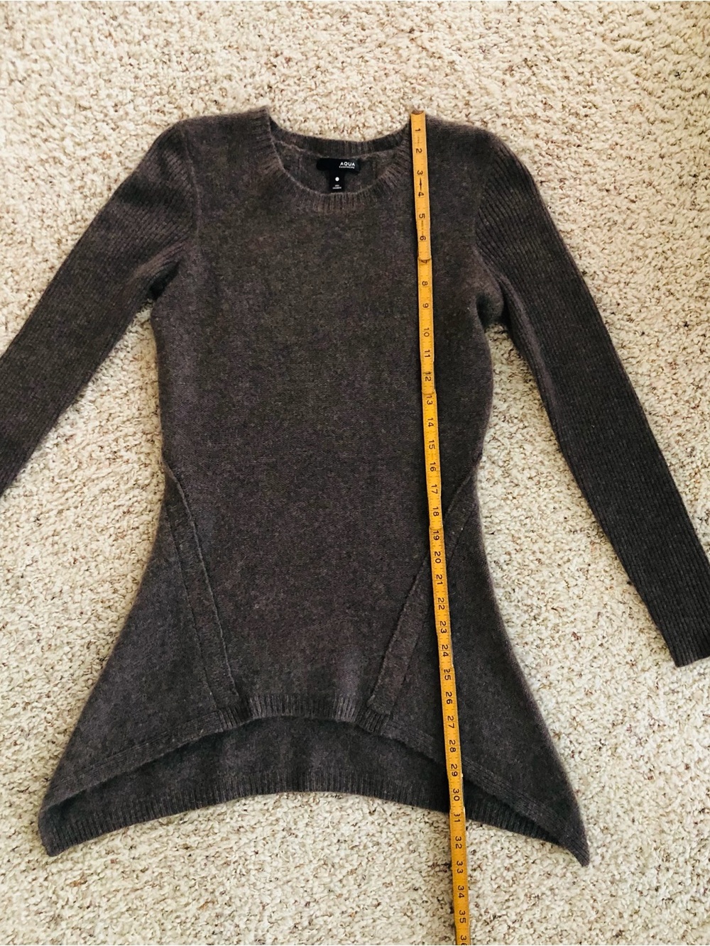 AQUA 100% Cashmere Brown Asymmetric Shark Bite Hem Tunic Sweater M - Picture 13 of 16